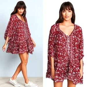 Nwt Poupette St Barth Red Dhalia Fleur Garden Cotton Tropical Poncho Dress